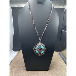 Statement Costume Pendant Necklace with Faux Turquoise and amethyst Stones Rodeo